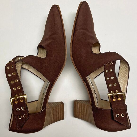 Vintage Giorgio Moretto Brown D'Orsay Cross Strap Heels EU 38 US 7.5 Pointed Toe - Picture 6 of 9